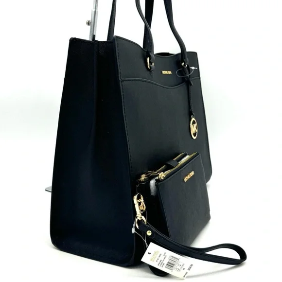 Michael Kors Large MF Pocket Shoulder Tote Bag & Double Zip Wallet Black/Gold